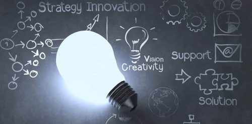 A glowing lightbulb placed on a chalkboard with sketches of gears, puzzle pieces, graphs, and words like Strategy, Innovation, Creativity, Support, Solution, and Vision surrounding it.