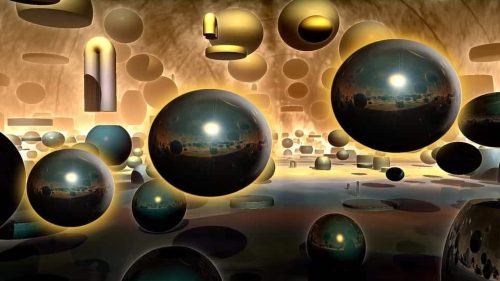 A surreal scene with glossy, reflective spheres and geometric shapes floating in a warm-toned, abstract environment. Light reflections and shadows create a futuristic, dreamlike atmosphere.