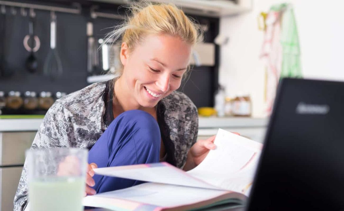 Distance learning student taking a class at home