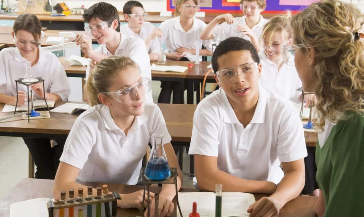 Schoolchildren and teacher in science class