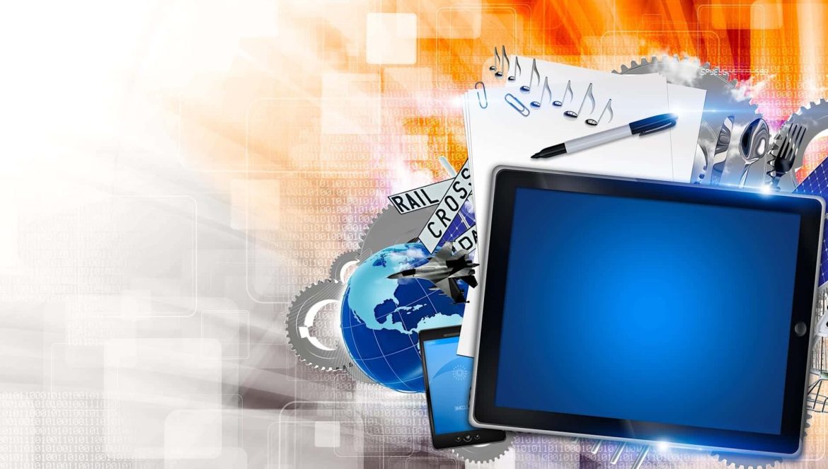 A digital collage with a tablet, smartphone, globe, gears, music notes, a pen, paper, and solar panels on a bright, abstract orange and white background, symbolizing technology and global connectivity.