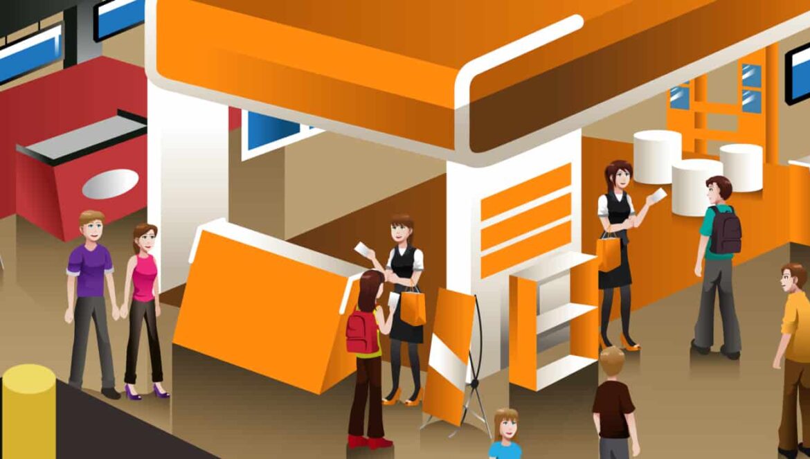 Illustration of a busy convention or trade show with people walking and interacting around various colorful booths, including orange and red displays, and staff members assisting visitors.