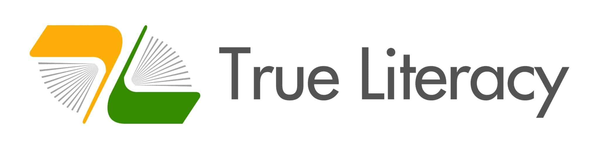 True Literacy logo featuring a stylized open book with yellow and green shapes on the left, and the words True Literacy in gray text on the right.