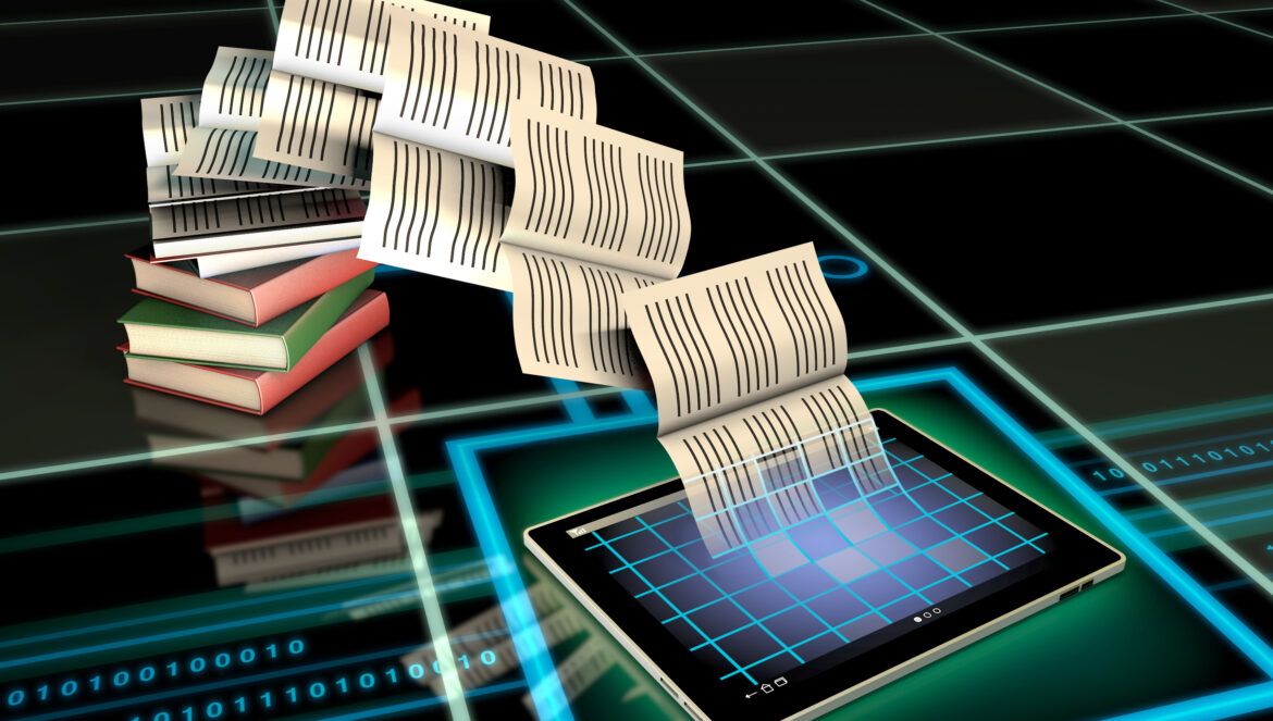 A stack of books with pages turning into digital sheets, flowing into a tablet device on a glowing, futuristic grid background, symbolizing digitization of information.