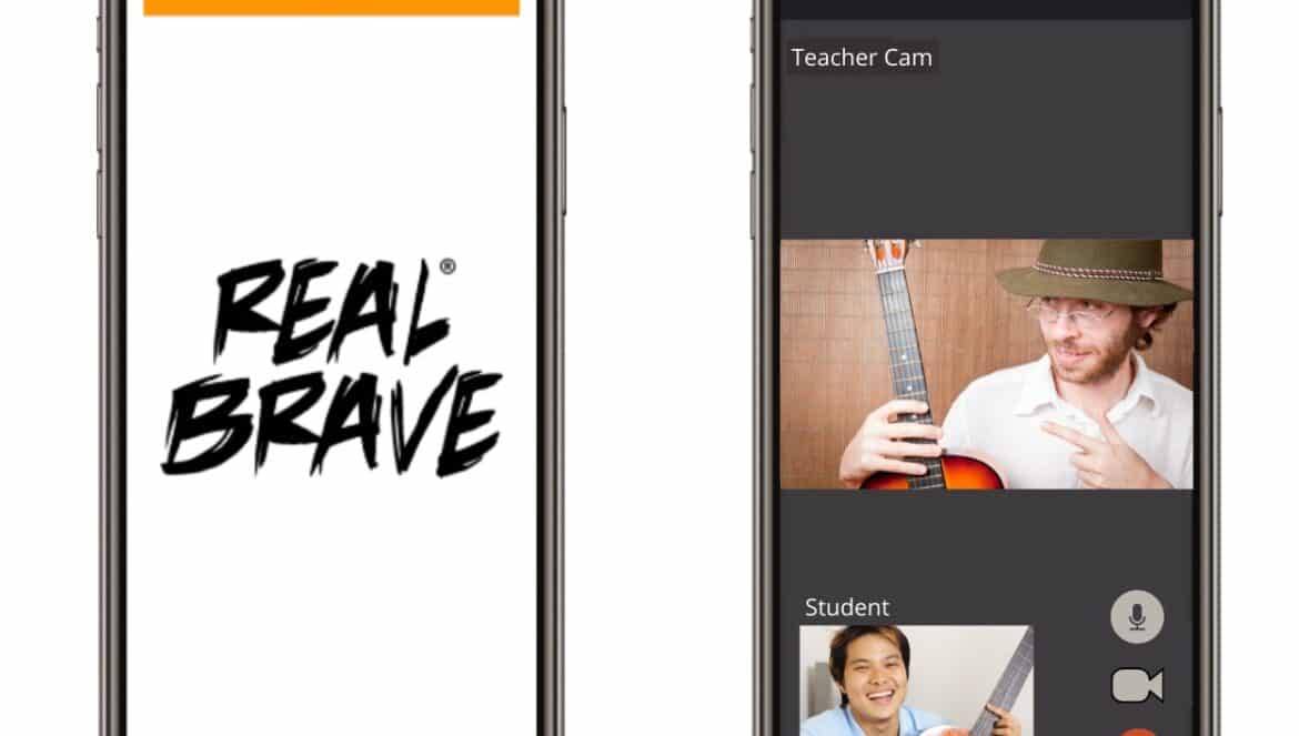 Two smartphones display a music lesson app. One screen shows the REAL BRAVE logo, while the other shows a video call between a guitar teacher holding an acoustic guitar and a smiling student with a guitar.