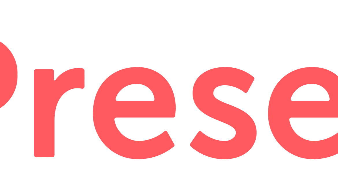 The image shows the word Presence in bold, coral-colored text next to a circular checkmark logo in the same color on a light background.