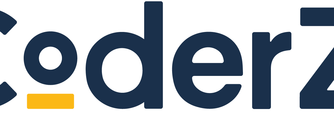The CoderZ logo features the word CoderZ in bold, dark blue letters. The o resembles a power button, and a pink arrow points right at the end, while a small yellow rectangle appears under the o.