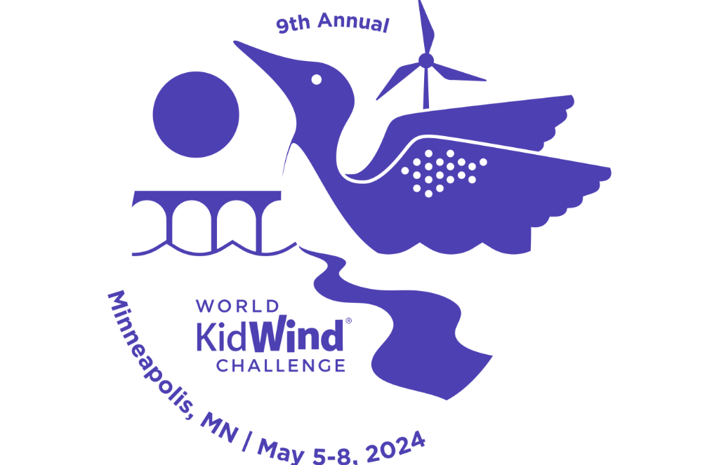 Logo for the 9th Annual World KidWind Challenge, featuring a stylized bird with wind turbine wings, a bridge, sun, and river. Event details: Minneapolis, MN, May 5-8, 2024.