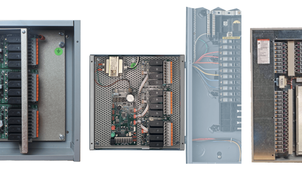 Four different access control panels and circuit boards are shown, each housed in metal enclosures with various electronic components, relays, wiring, and indicator lights visible.