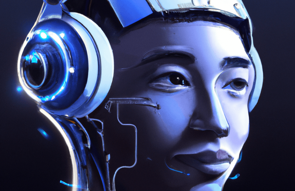 A futuristic humanoid robot with silver skin, blue glowing accents, and large round headphones, featuring a calm, expressive face and a sleek, high-tech design against a dark background.