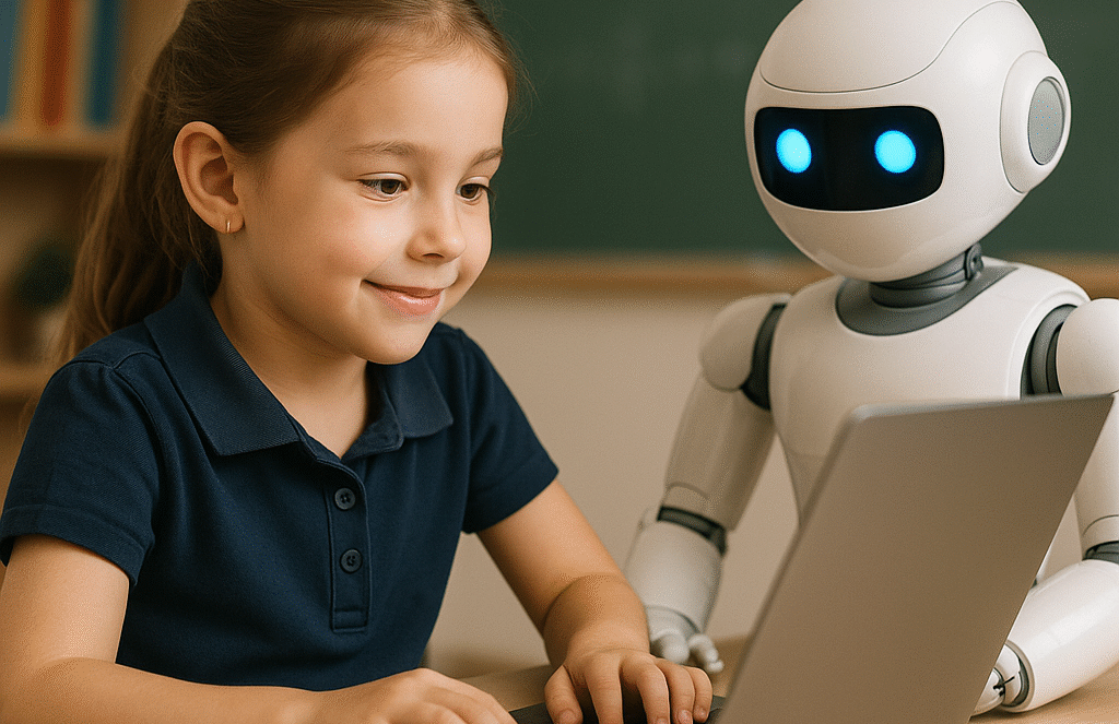 A young girl smiles while using a laptop, with a friendly white robot sitting beside her. They are in a classroom with a chalkboard in the background.