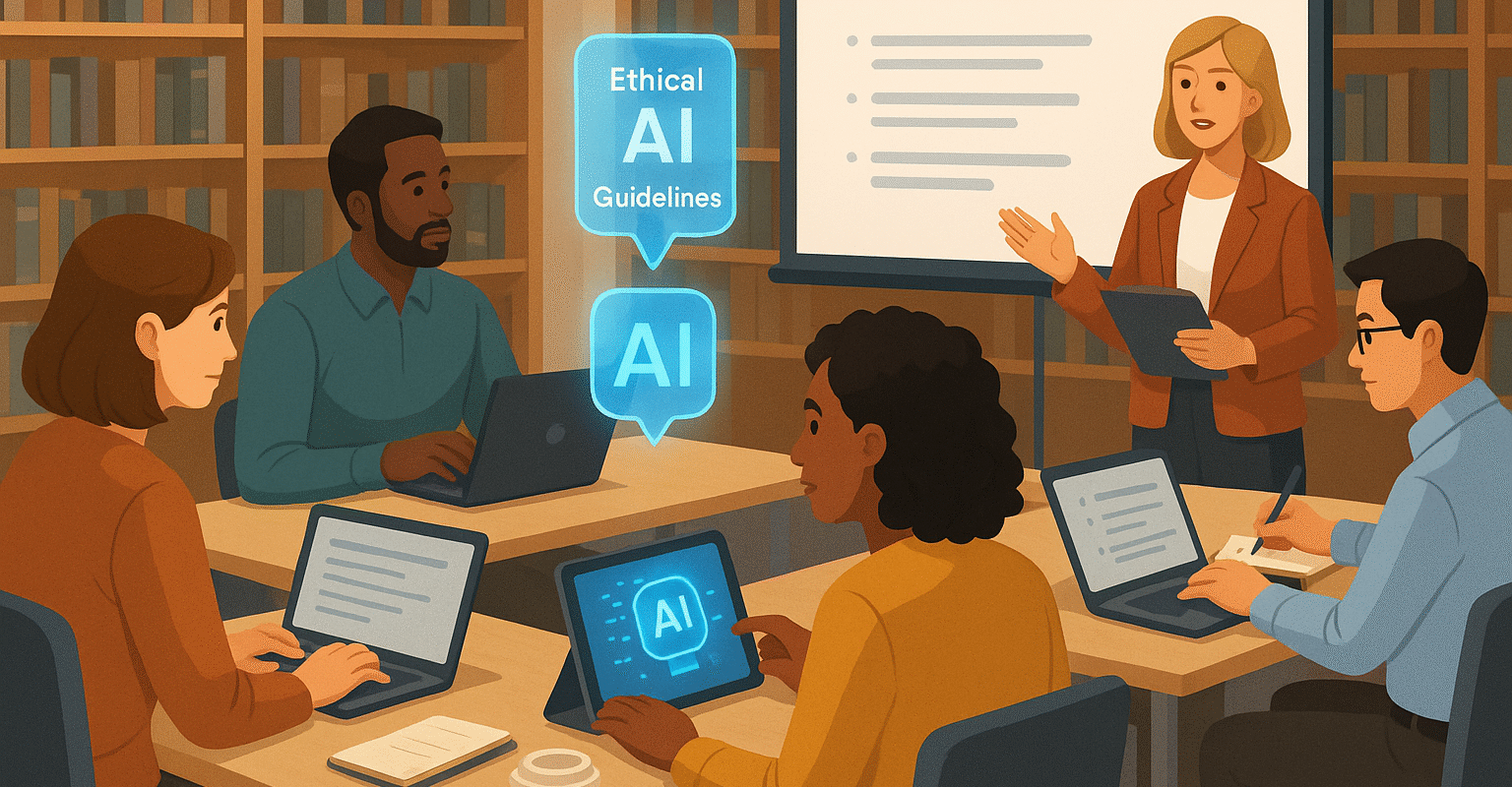 A group of five people sit around a table with laptops, discussing AI in education. A woman stands near a screen displaying “AI in Education,” while others listen and take notes. Text bubbles show Ethical AI Guidelines and AI.