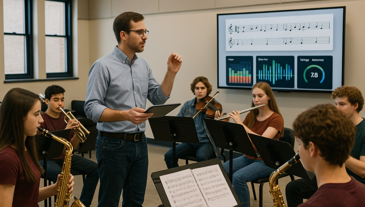 A music teacher conducts a group of students playing various instruments in a classroom. Behind them is a screen displaying sheet music, a bar graph, and a score of 78. The students are seated in a semicircle.