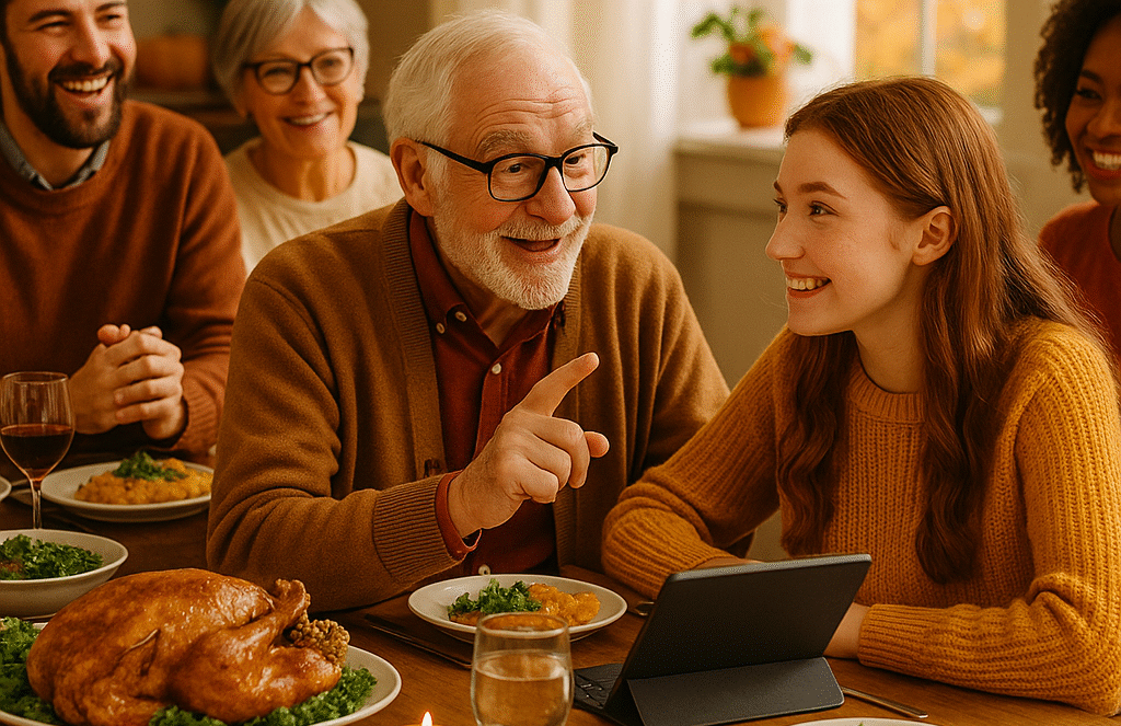 A family gathers around a dinner table set with a roast turkey, side dishes, and candles. An older man talks cheerfully to a young woman using a tablet, while others smile and enjoy the warm, festive atmosphere.