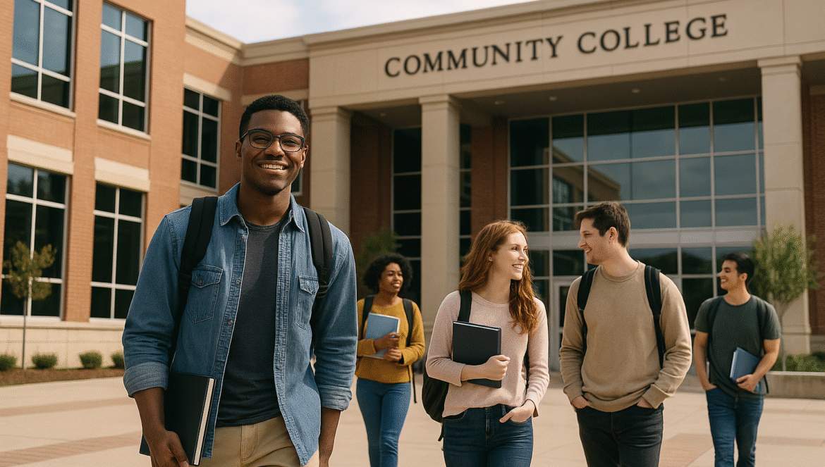 Five smiling college students with backpacks walk in front of a building labeled “Community College.” Three students talk together, while two walk slightly behind, all heading toward the entrance on a sunny day.