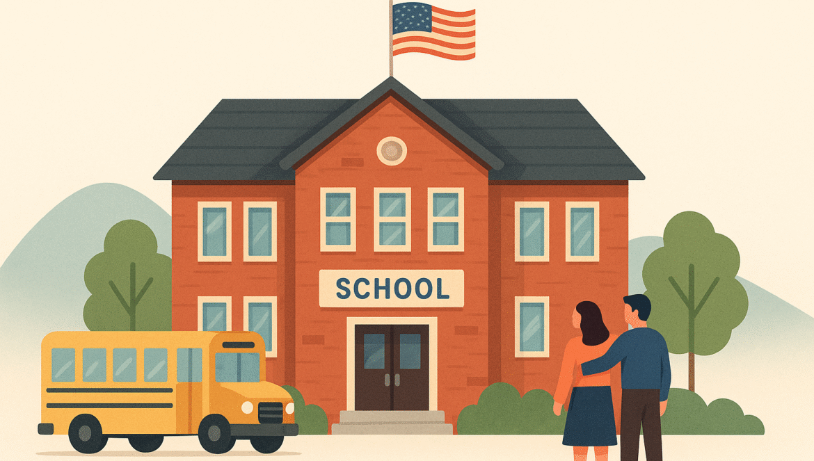Illustration of a school building with an American flag on top, a yellow school bus in front, and two people standing together, facing the school. Trees and mountains are in the background.