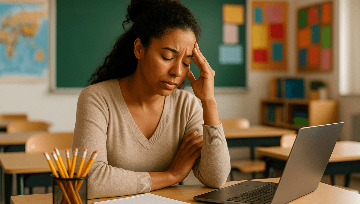 A woman sits at a desk in a classroom, her eyes closed and hand on her forehead, clearly showing signs of teacher burnout. A laptop, notebook, and pencil holder rest on the desk, with a chalkboard in the background.