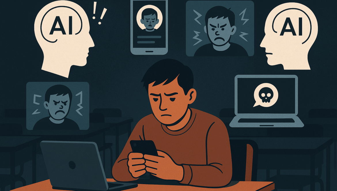 A frustrated student sits at a desk using a laptop and phone, surrounded by digital screens showing angry faces, AI symbols, and a skull, illustrating negative online interactions and AI-related stress.