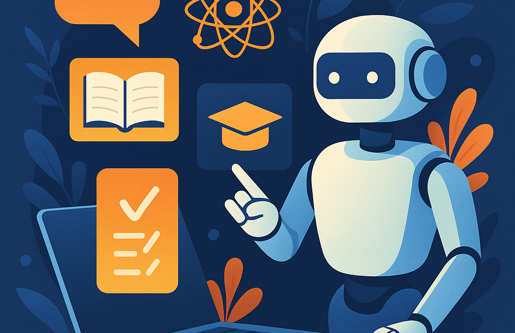 A friendly robot points at a laptop, surrounded by icons of a chat bubble, an atom, an open book, a graduation cap, and a checklist, representing online learning, technology, and education.