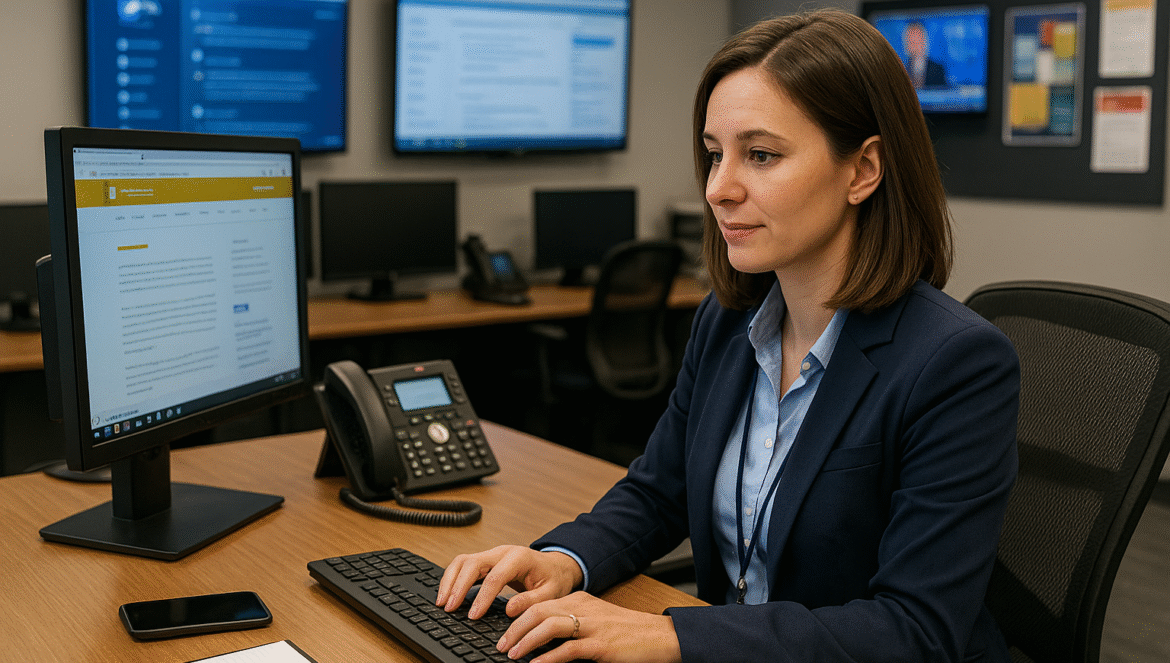 A woman in business attire works at a computer in an office with multiple monitors, a desk phone, a notepad, and a smartphone nearby. She appears focused, typing on the keyboard.
