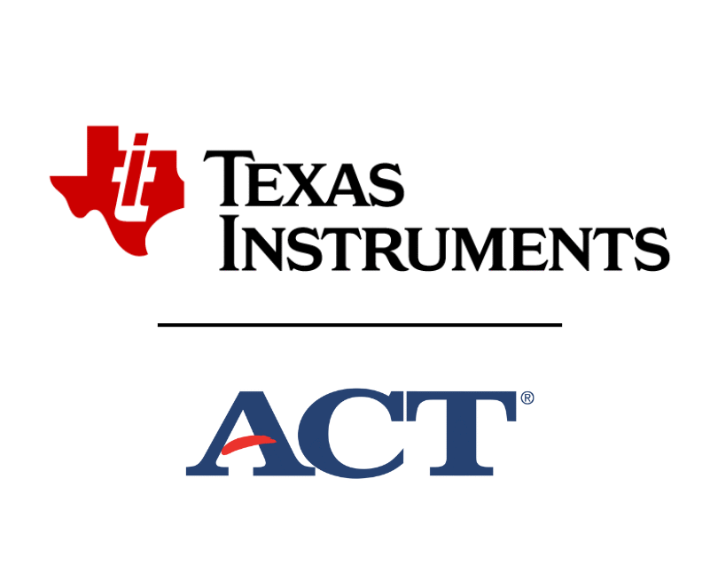 Logos of Texas Instruments and ACT. The Texas Instruments logo features a red map of Texas with ti letters, and the ACT logo is in blue with a red swoosh over the letter A.