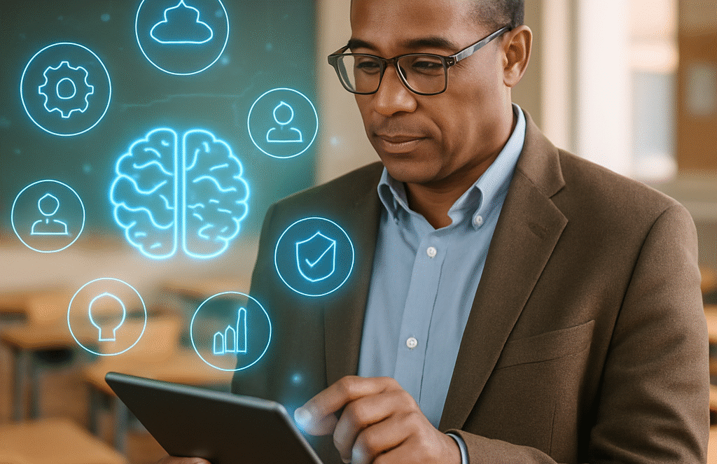 A man in a classroom uses a tablet, with digital icons including a brain, cloud, gear, shield, and lightbulb appearing above it, symbolizing technology and artificial intelligence in education.