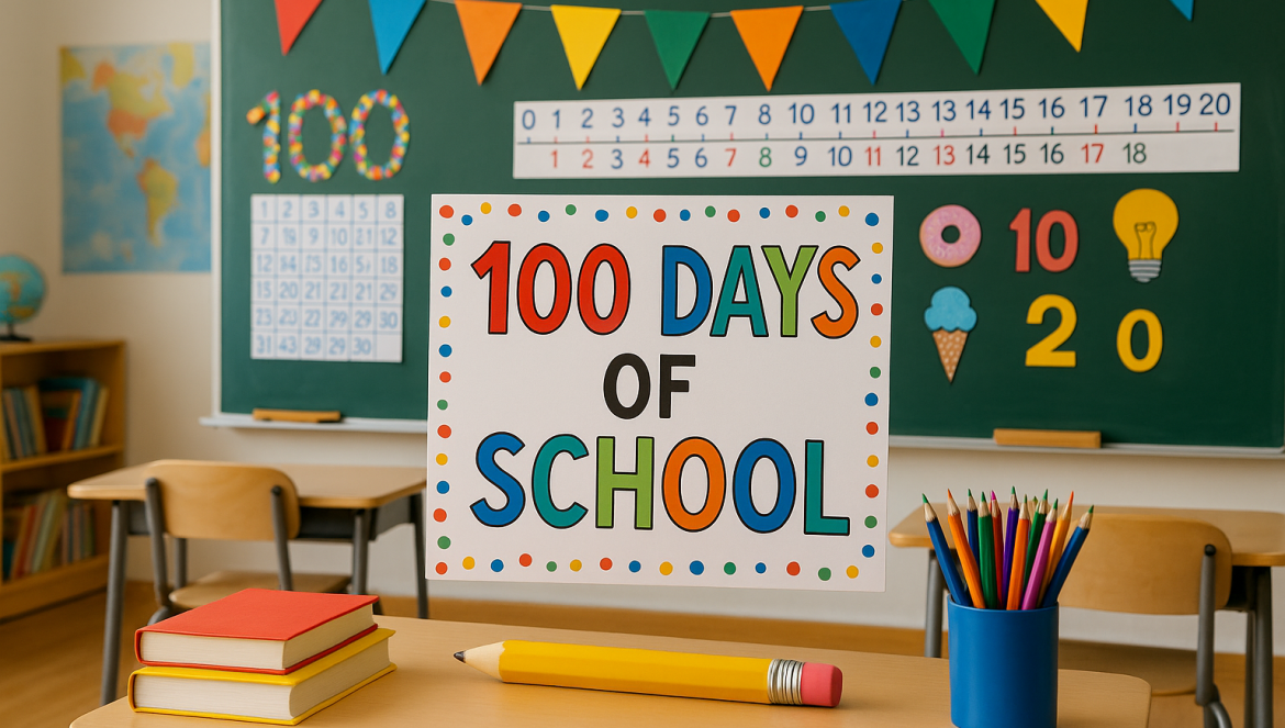 A classroom decorated for the 100 Days of School, featuring a colorful sign on a desk, pencils, books, and a chalkboard adorned with banners, numbers, and learning materials in the background.