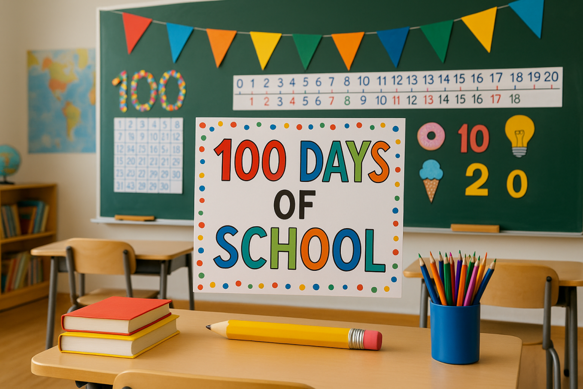 A classroom decorated for the 100 Days of School, featuring a colorful sign on a desk, pencils, books, and a chalkboard adorned with banners, numbers, and learning materials in the background.