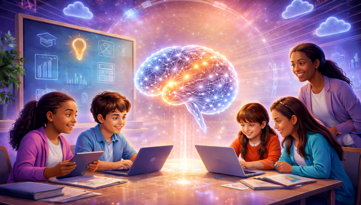 Four children use laptops and tablets at a classroom table, guided by a teacher. Above them, a glowing digital brain symbolizes AI in education and learning. The room is filled with educational icons and a futuristic atmosphere.
