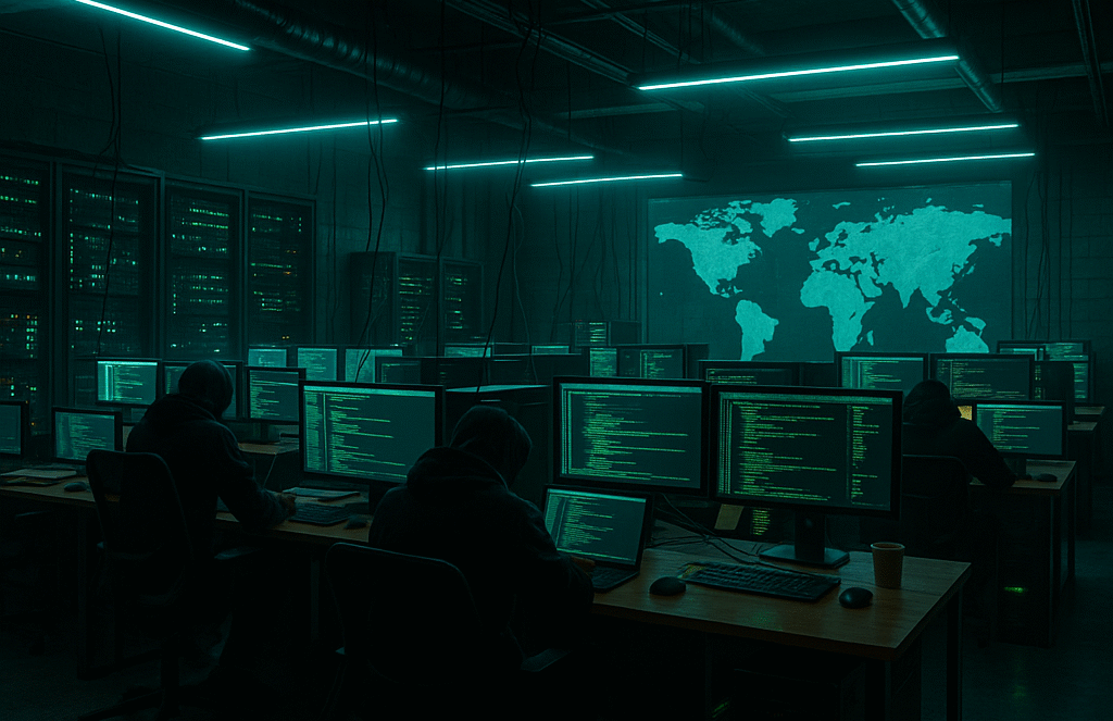 A dark room with people in hoodies working on computers, large screens show code and a world map, and glowing blue-green lights highlight the high-tech, secretive atmosphere.