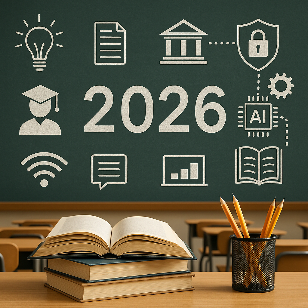 An open book, stacked books, and a pencil holder sit on a classroom desk. On the chalkboard behind them, icons represent education in 2026 alongside AI and technology themes, with "2026" at the center.