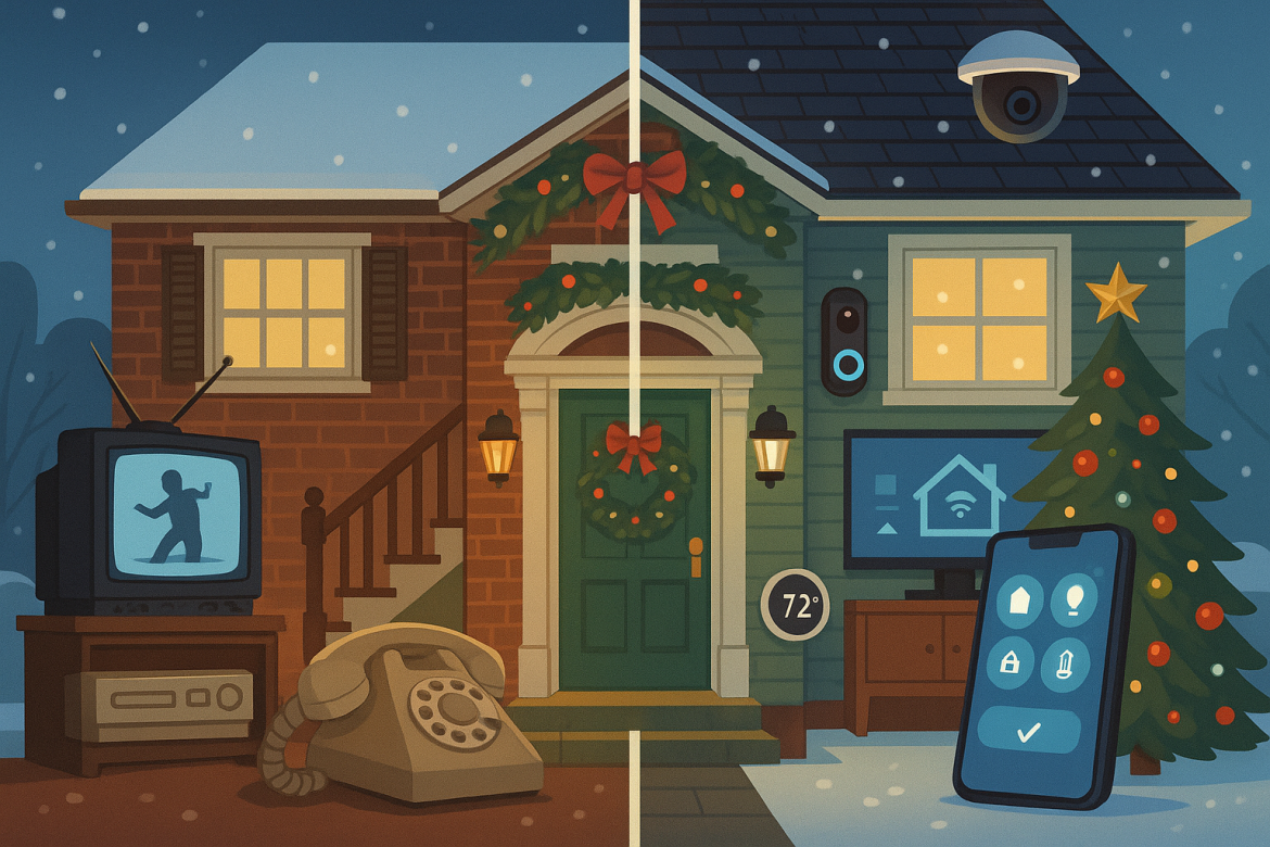 A split image of a house in winter channels Home Alone vibes: the left side is old-fashioned with a rotary phone and box TV, while the right side is modern, featuring smart devices, security cameras, and digital decorations.