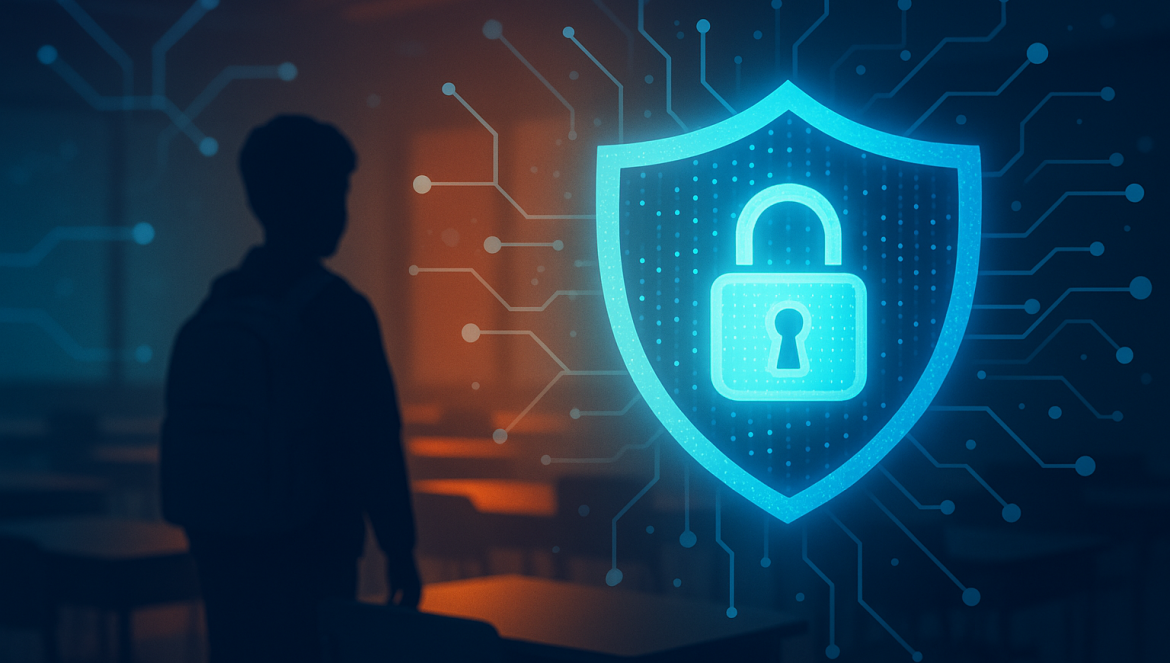 A silhouette of a child stands in a classroom, with a large digital shield and padlock icon symbolizing the importance of protecting Personally Identifiable Information (PII) in Education Today.