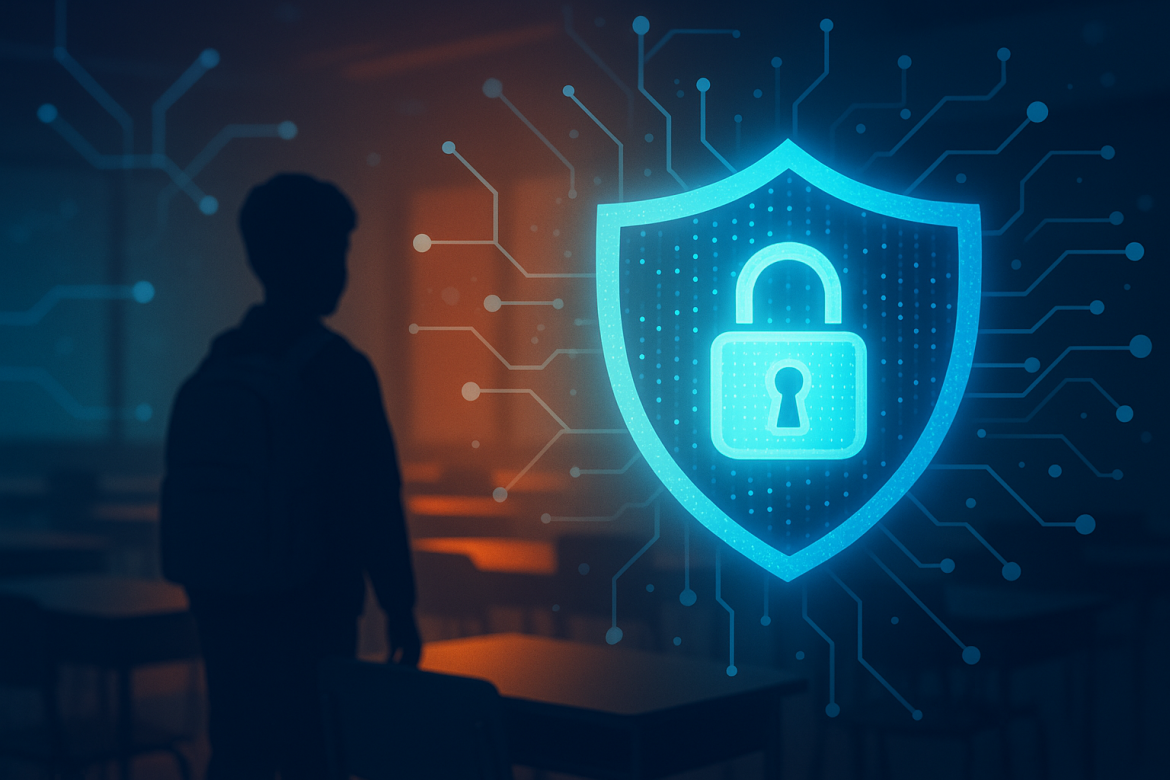 A silhouette of a child stands in a classroom, with a large digital shield and padlock icon symbolizing the importance of protecting Personally Identifiable Information (PII) in Education Today.