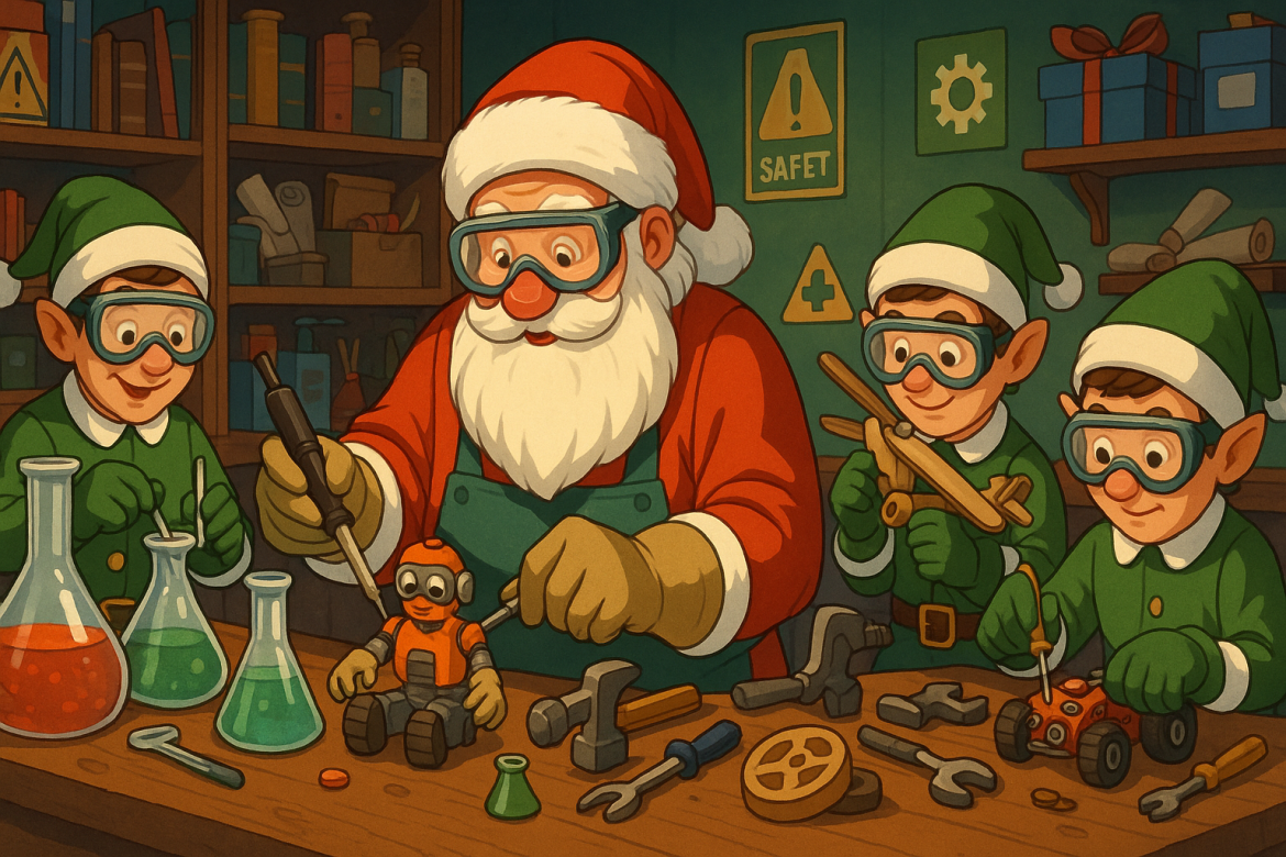 Santa Claus and three elves, all wearing safety goggles, work together in a workshop filled with tools and beakers. They are building and painting toy cars, with shelves and safety signs visible in the background.