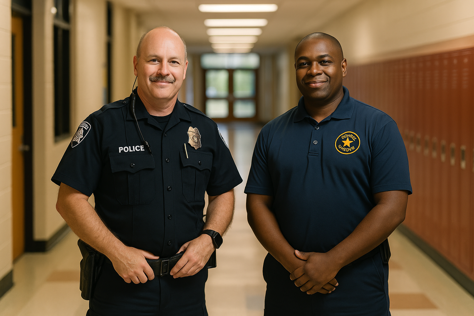 Two men stand in a hallway, one in a black police uniform and the other in a navy blue security uniform, both smiling at the camera. Lockers line the wall behind them, highlighting their shared commitment to school safety.
