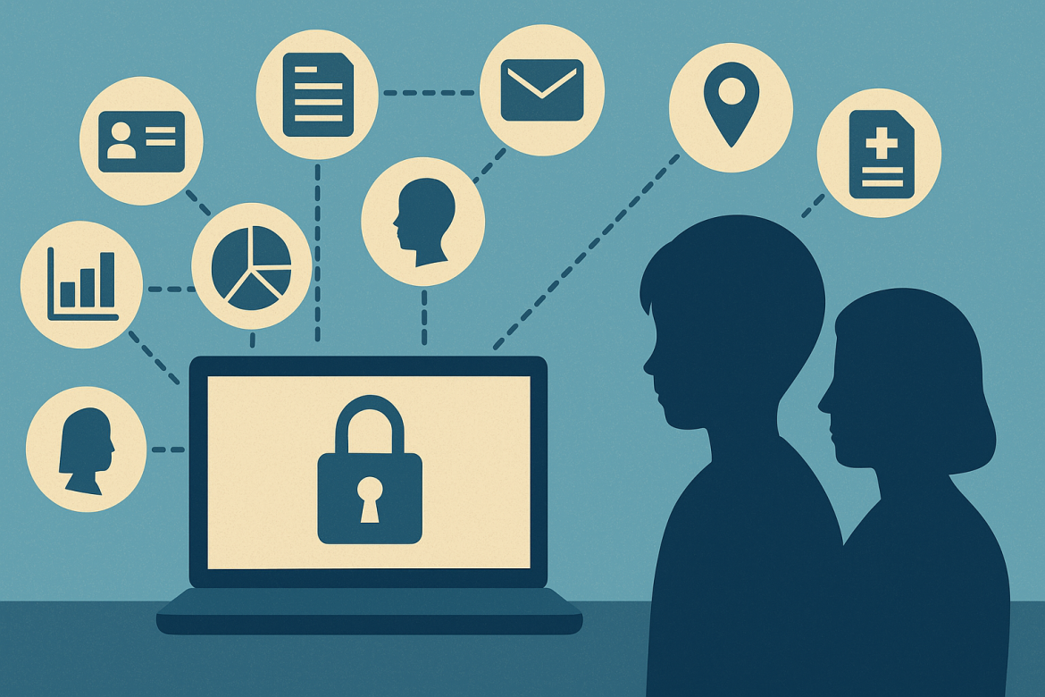 Illustration of two people in front of a laptop with a padlock icon on the screen, surrounded by icons representing student data privacy, personal information, and sharing, all connected by dotted lines.