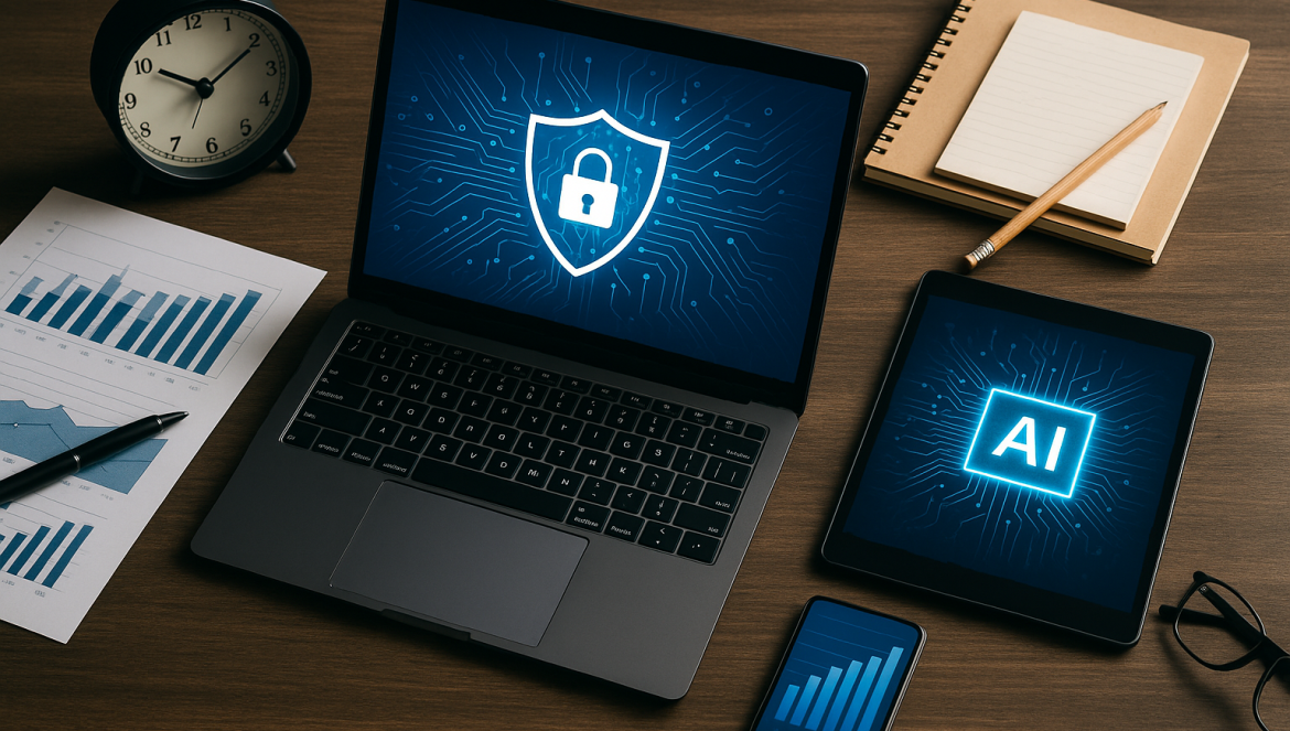 A desk with a laptop showing a lock and shield symbol, a tablet displaying AI, and a smartphone with a bar chart highlights Technology Leadership 2026, alongside paper charts, a clock, notebook, and pen.