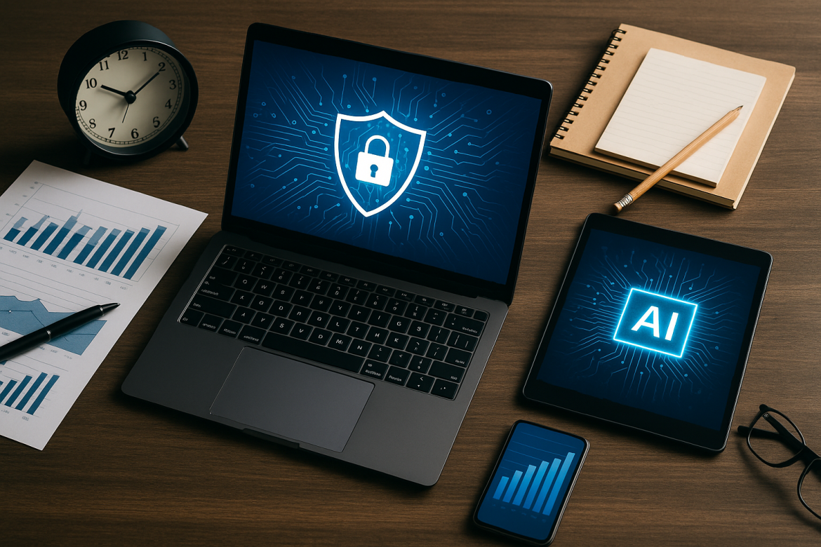 A desk with a laptop showing a lock and shield symbol, a tablet displaying AI, and a smartphone with a bar chart highlights Technology Leadership 2026, alongside paper charts, a clock, notebook, and pen.