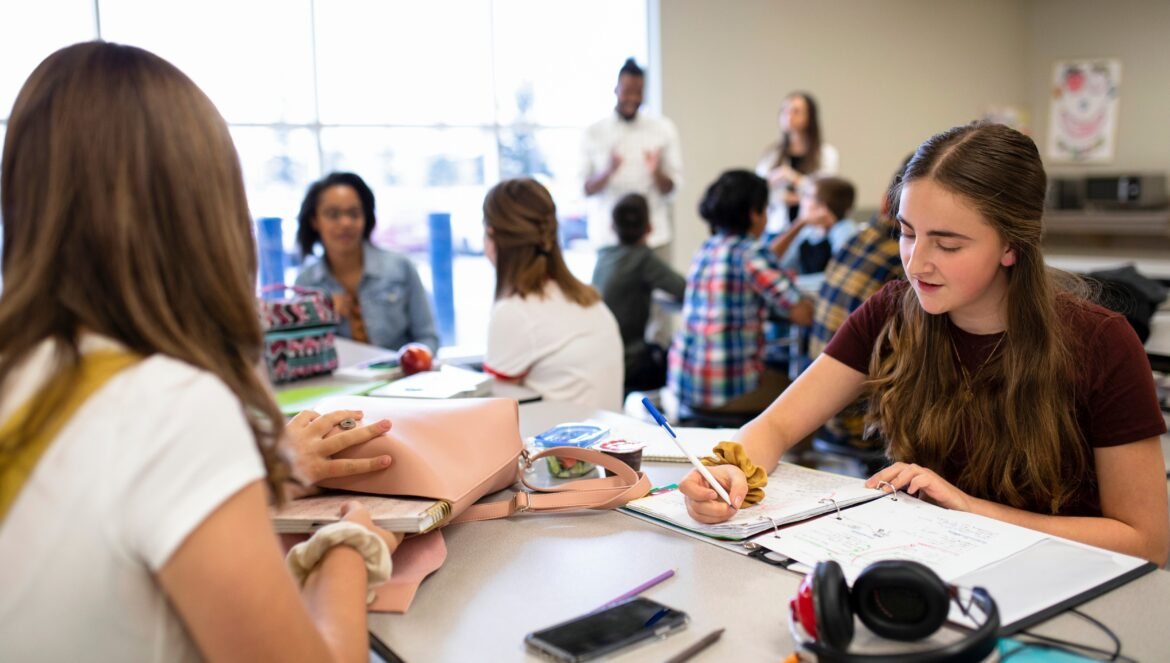 A group of students sit at tables in a brightly lit classroom, working on assignments and chatting, showing strong student engagement. In the background, a teacher is speaking to other students. School supplies and backpacks are spread across the tables.