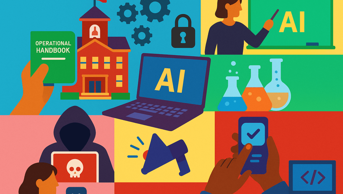 A colorful collage shows AI concepts: a school, operational handbook, laptop with “AI,” person teaching, gears, padlock, beakers, hooded hacker, phone with checkmark, megaphone, and code symbol—illustrating stories that matter in technology.