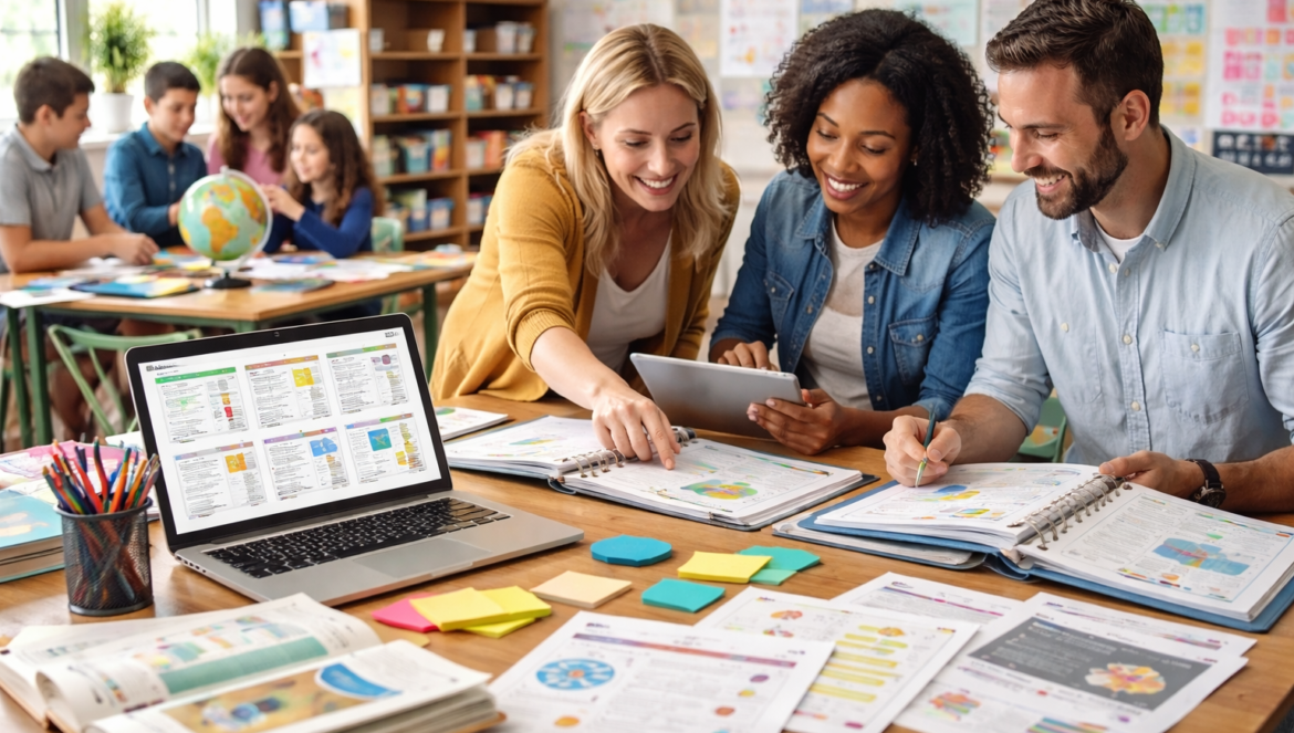 Three teachers sit at a table, smiling and collaborating with books, a tablet, and a laptop. Open Educational Resources and colorful materials are spread out, while students work together in the background classroom.