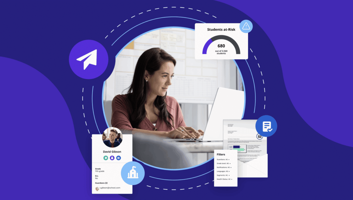 A woman working on a laptop is surrounded by digital graphics, including a student profile, data charts, documents, and education-related icons, all set on a blue and purple abstract background.