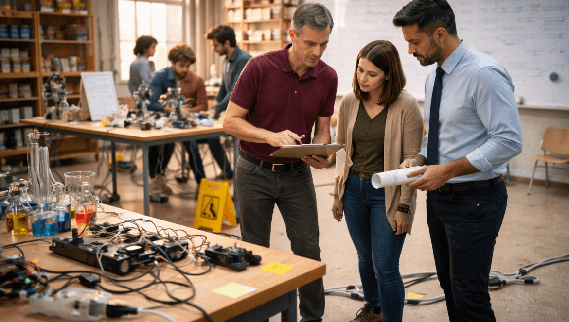 Three adults review documents in a science lab, surrounded by equipment and experiments; as others work near a whiteboard, they discuss protocols—demonstrating that everyone plays a role in answering the question: who owns safety?.