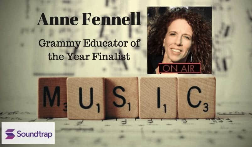 An announcement featuring Anne Fennell as a Grammy Educator of the Year finalist Her photo is shown above Scrabble tiles spelling MUSIC on sheet music with the Soundtrap logo in the bottom left corner | edCircuit An announcement featuring Anne Fennell as a Grammy Educator of the Year finalist Her photo is shown above Scrabble tiles spelling MUSIC on sheet music with the Soundtrap logo in the bottom left corner