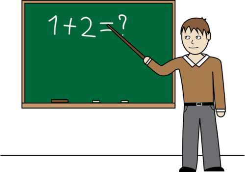 teacher pointing at chalkboard 1+2=?