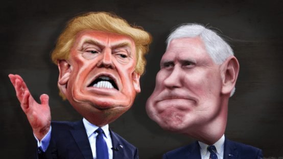 Two men with exaggerated, caricatured features stand next to each other. The man on the left gestures with his hand and has orange hair, while the man on the right has white hair and looks on with a serious expression.