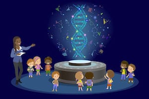 Innovation education elementary school learning technology - group of kids looking to molecule of DNA. hologram on biology lesson future museum center vector.