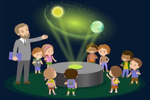 Innovation education elementary school learning technology and people concept - group of kids looking to orbit of earth. hologram on space lesson future museum center. vector illustration