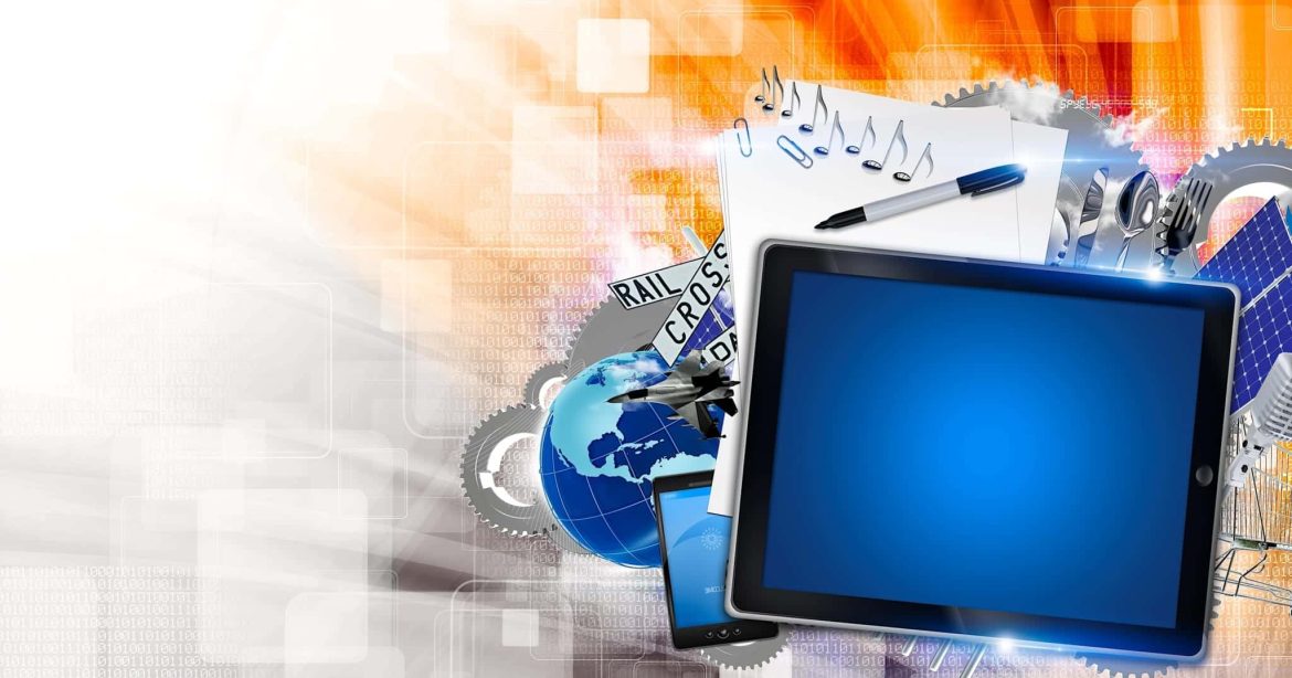A digital collage with a tablet, smartphone, globe, gears, music notes, a pen, paper, and solar panels on a bright, abstract orange and white background, symbolizing technology and global connectivity.